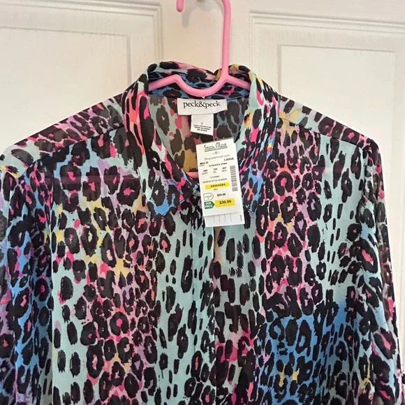 Peck & Peck Women's Multi Color Leopard Print Chiffon Button Down Shirt Top L - Picture 2 of 9
